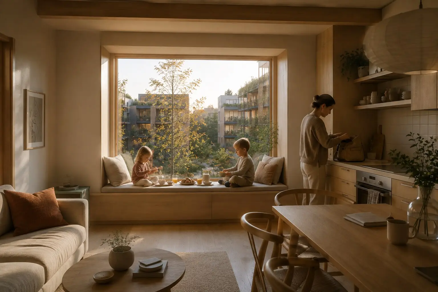 Two children eating breakfast on a window seat looking onto a green courtyard.