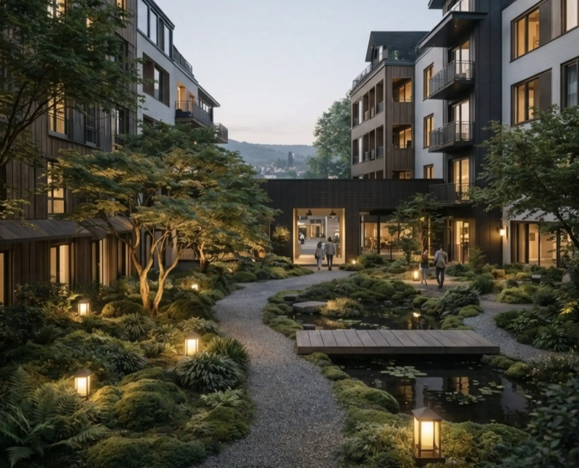 A courtyard at dusk with landscape lighting and neighbors gathered.