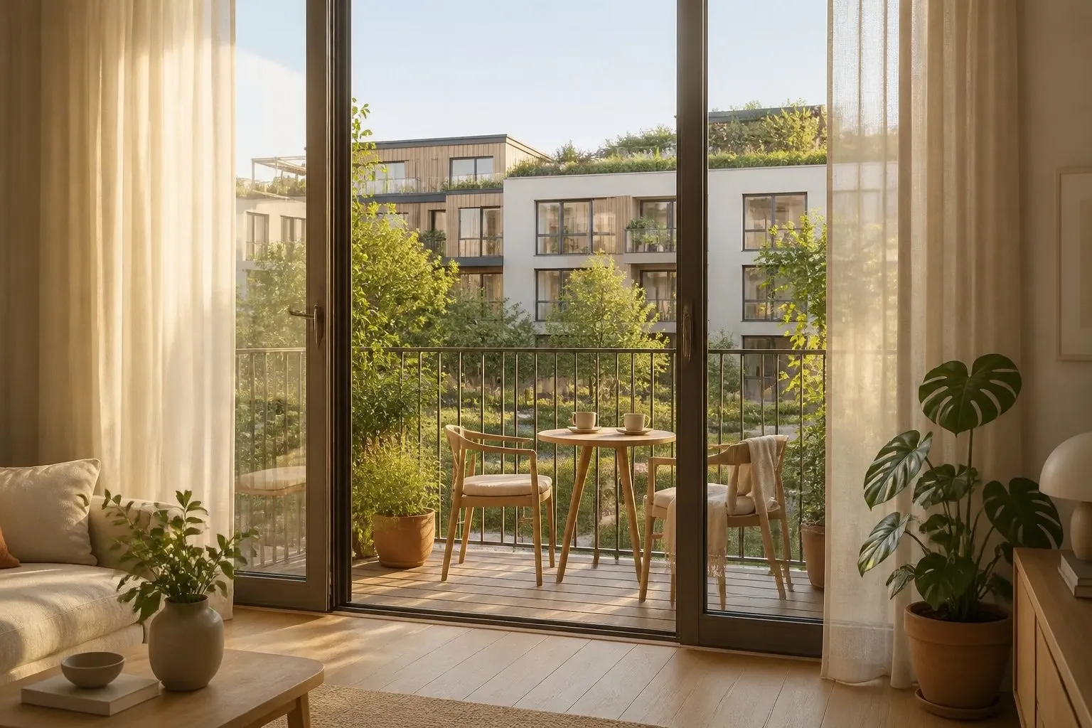 A balcony with morning coffee overlooking the courtyard.
