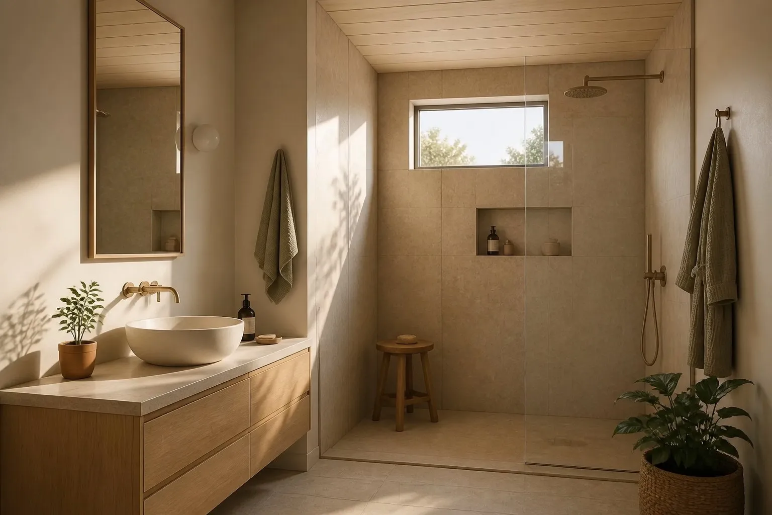 A calm bathroom in warm stone and wood.