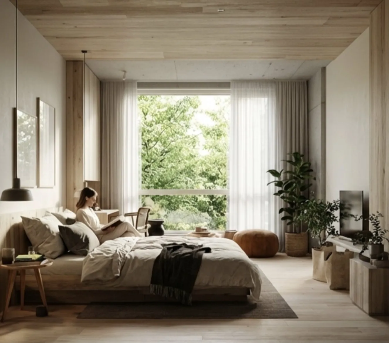 A bedroom with a person reading on the bed.
