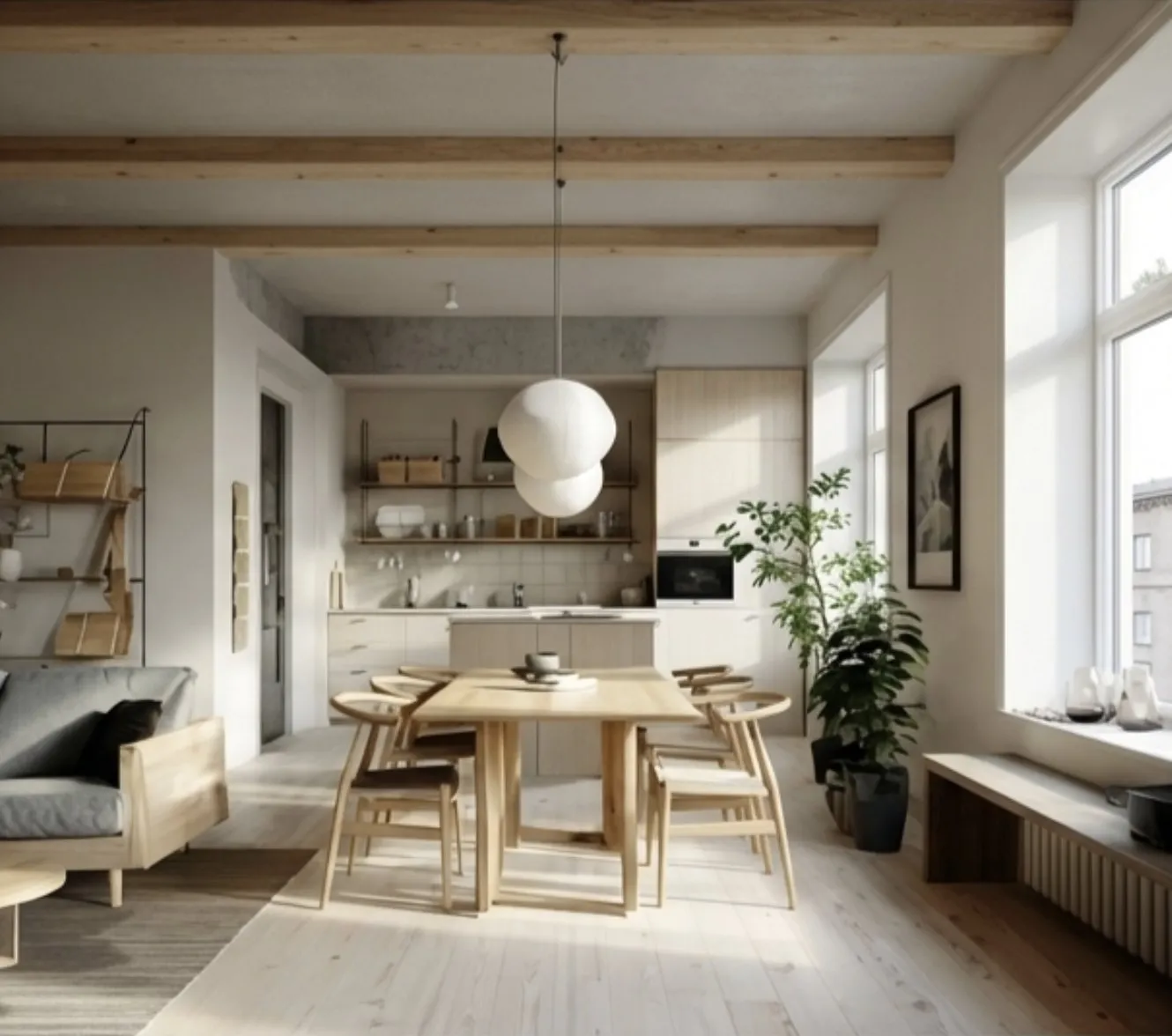A dining room with a wooden table and generous windows.
