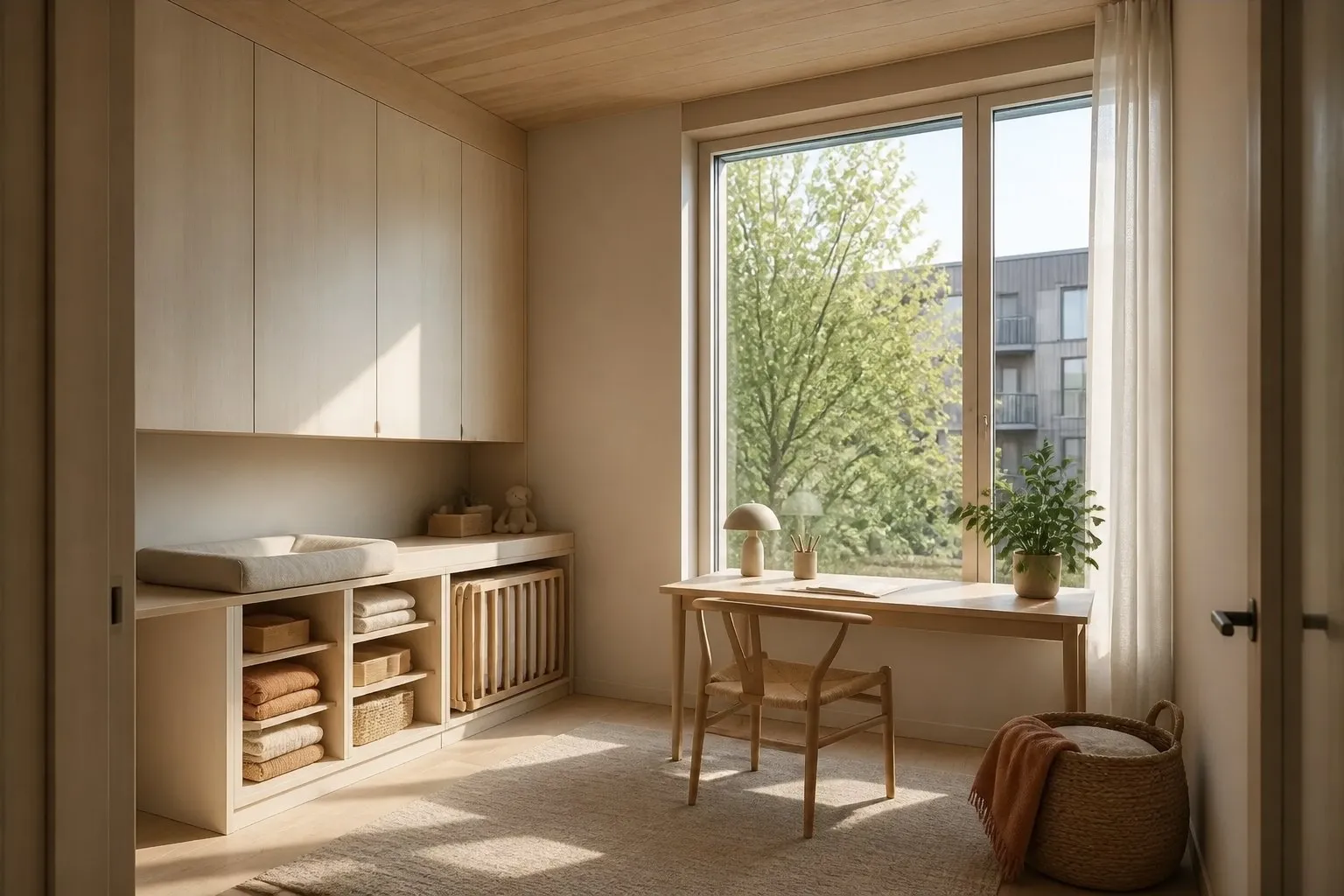 A flexible room set up as a home office, ready to become a nursery.