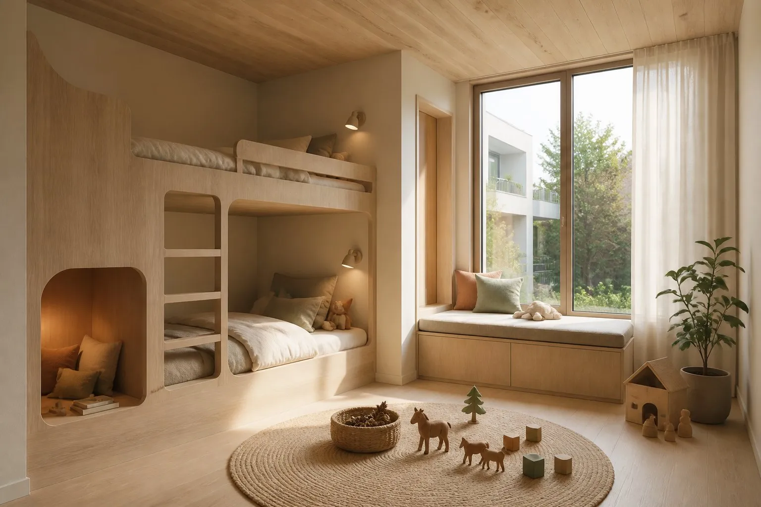 A kids' bedroom with a bunk nook and window seat.