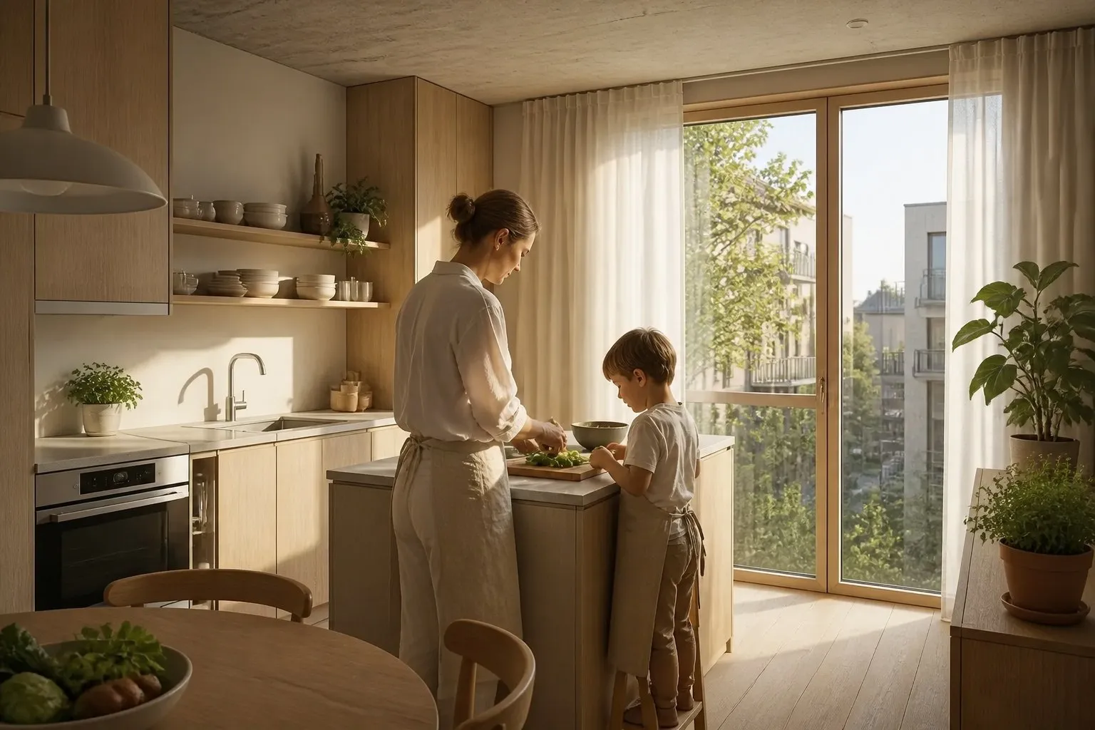 A parent and child cooking in a daylight-filled kitchen.