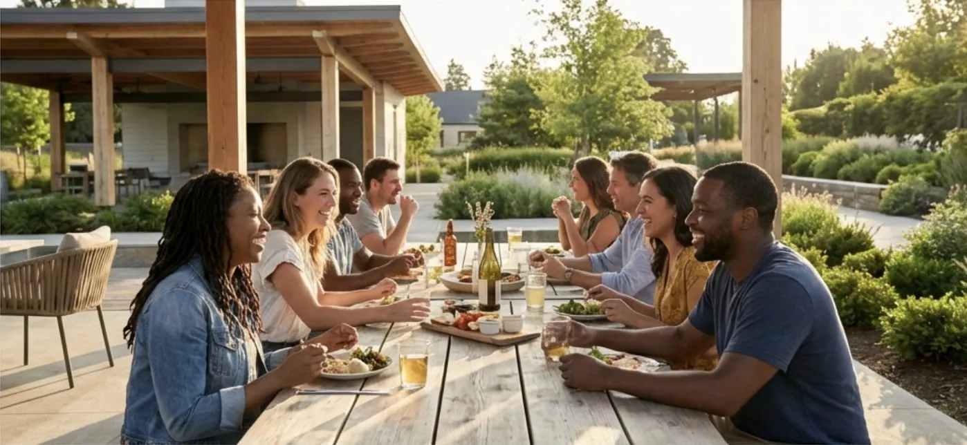 Neighbors sharing a meal at a long table.