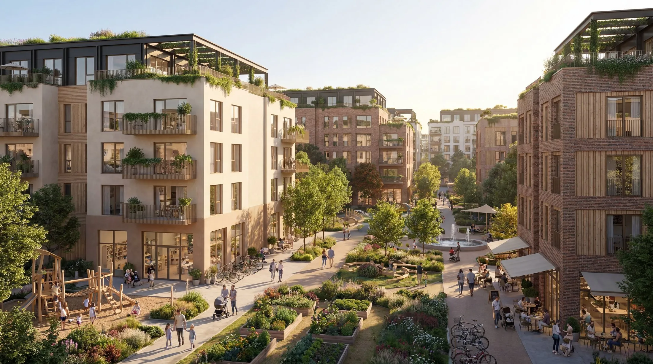 A green neighborhood street with playground, garden beds, cafes, and a fountain.