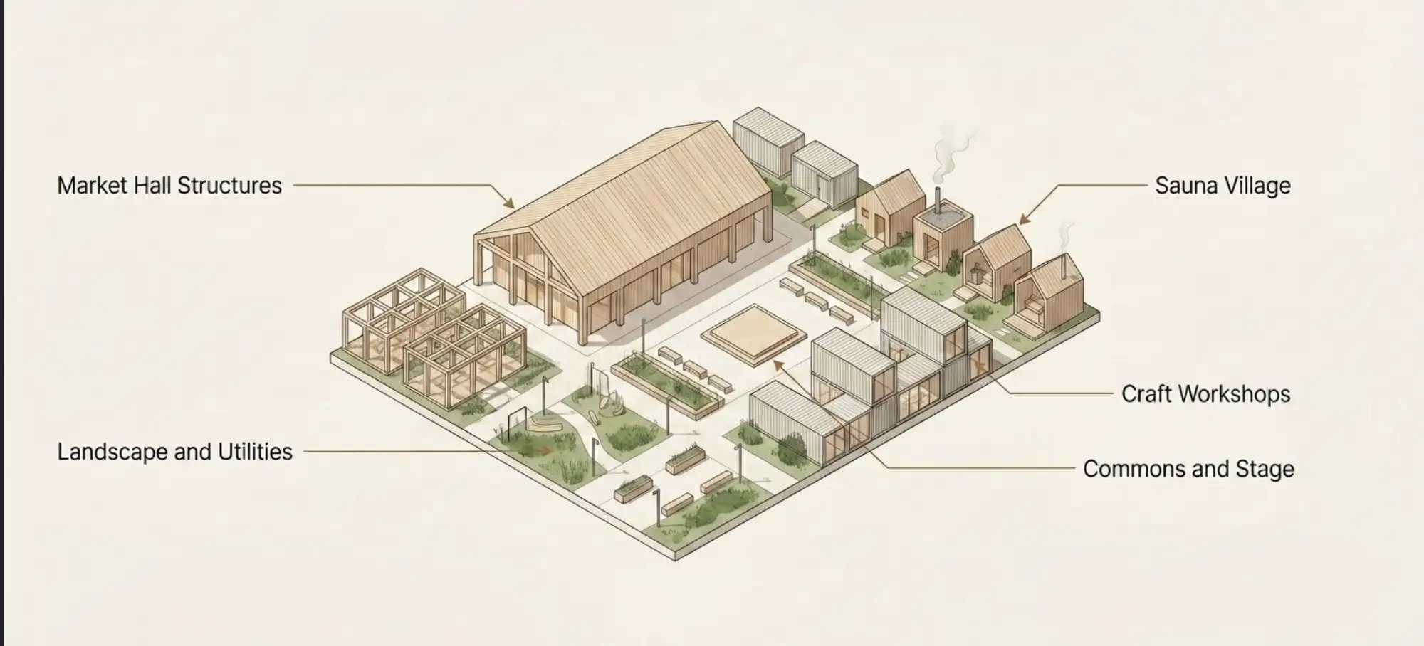A morning market hall with produce stalls and coffee.