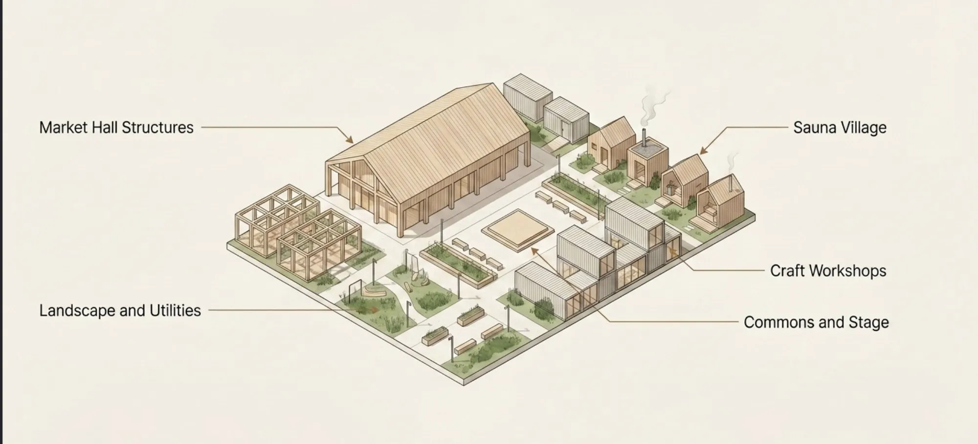 A morning market hall with produce stalls and coffee.