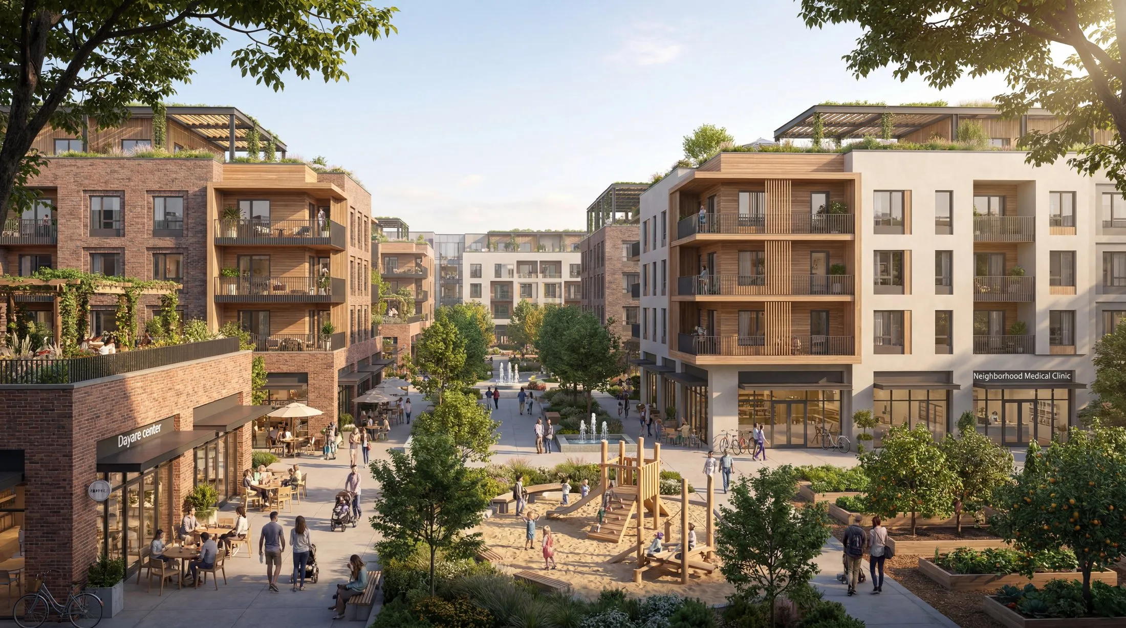 A residential street with gardens, play, and cafes woven between homes.
