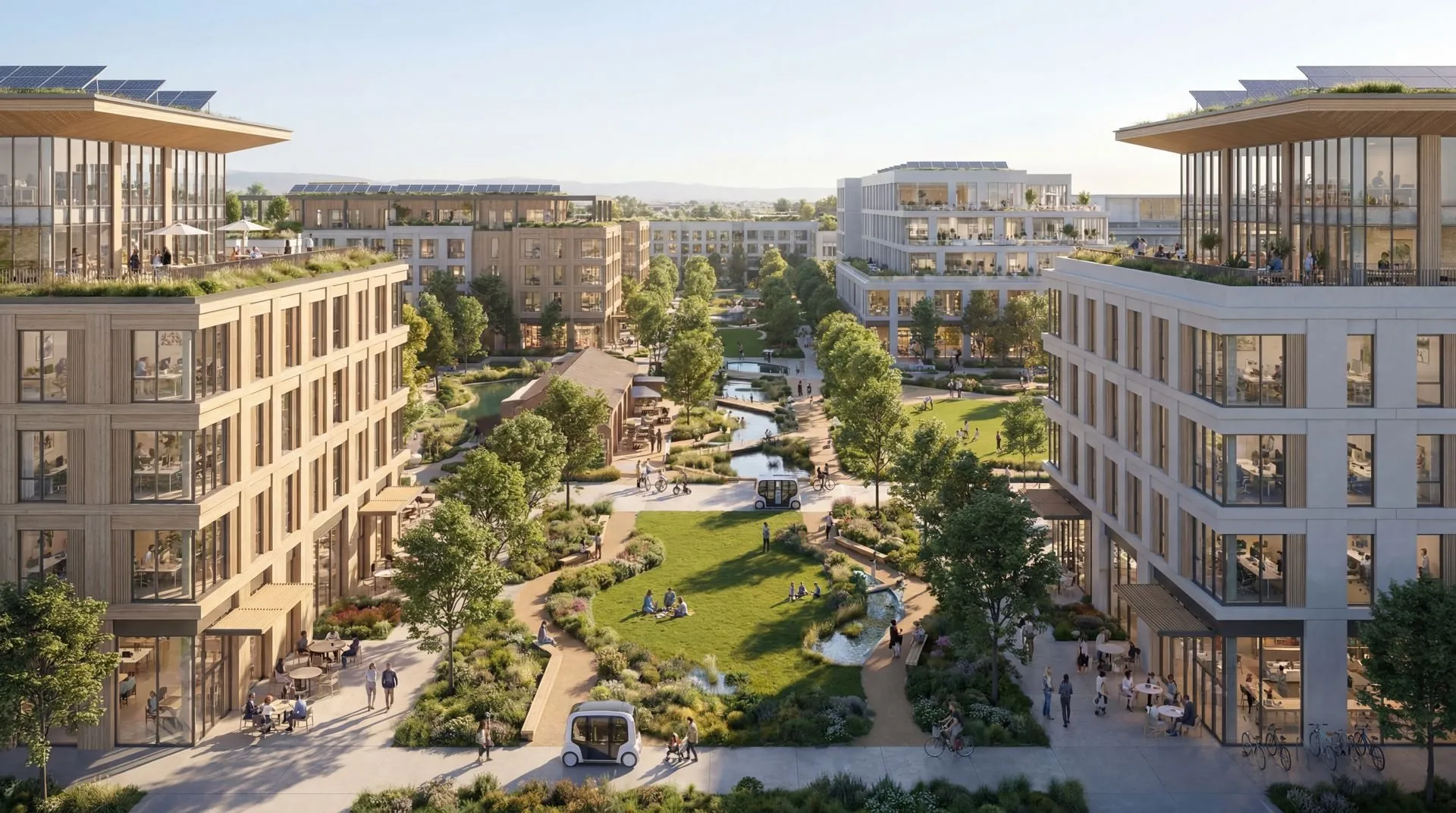 A central park and plaza surrounded by mid-rise timber buildings.