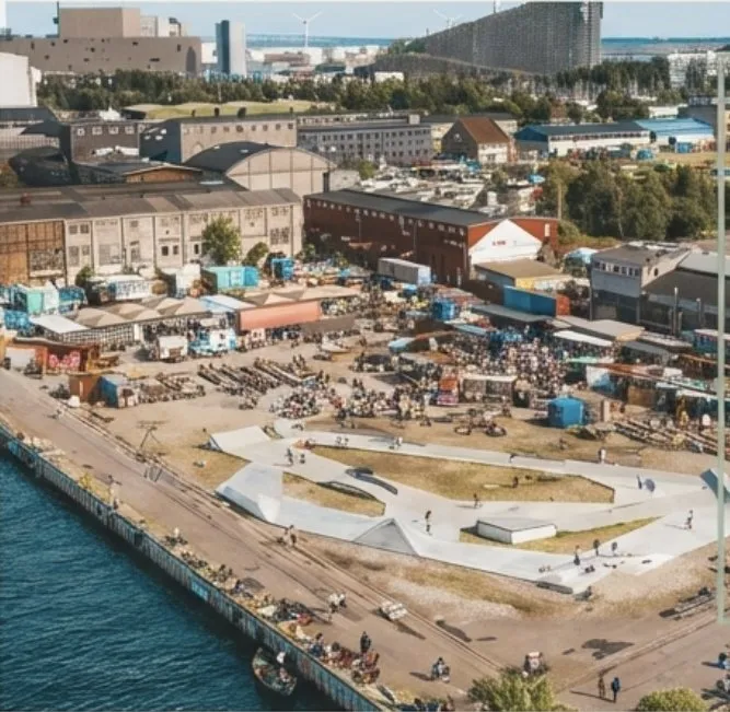 A Copenhagen harbor district from above.