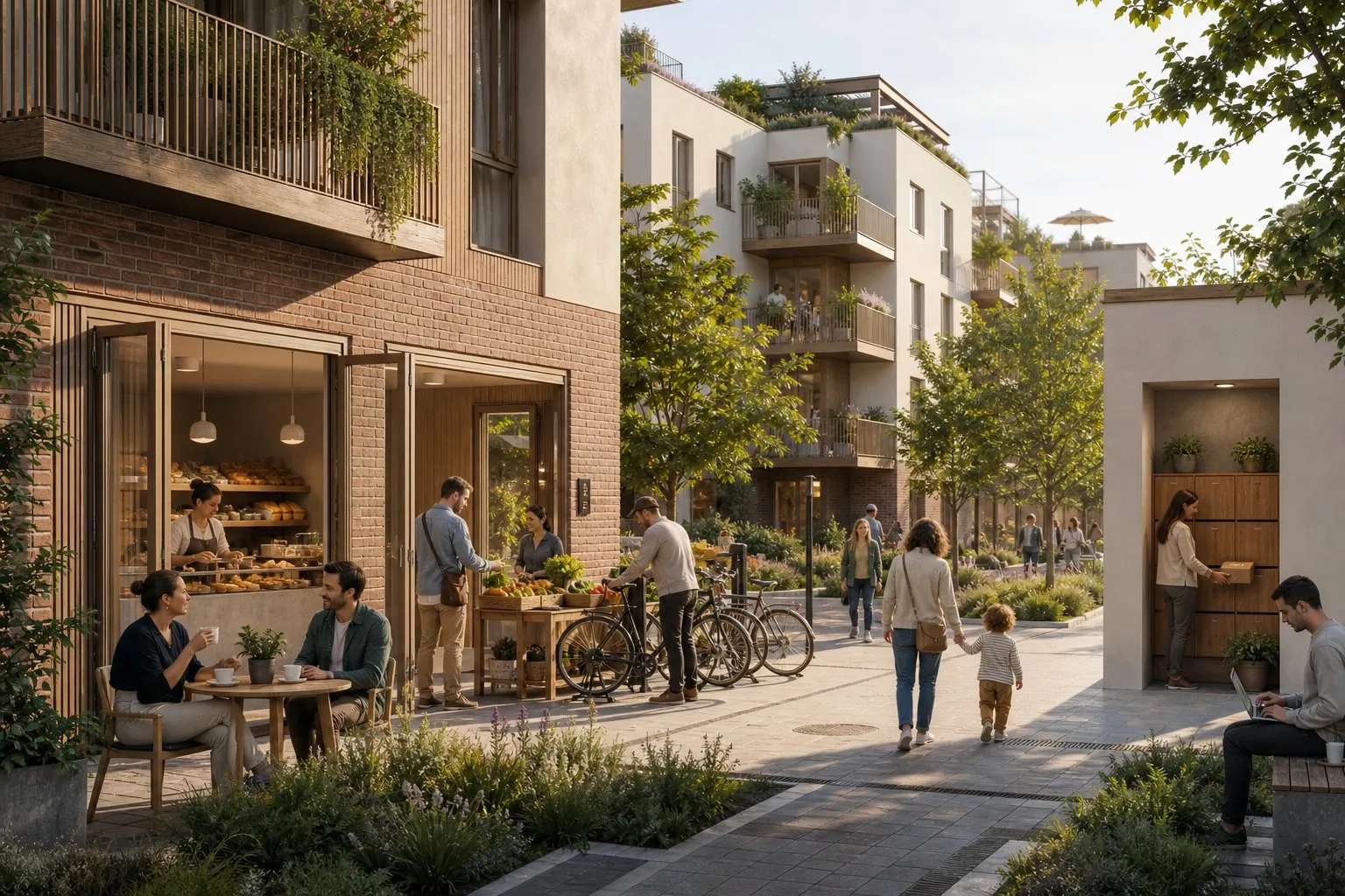 A ground-floor neighborhood promenade with cafe doors open, produce, bikes, package lockers, and residents passing through.