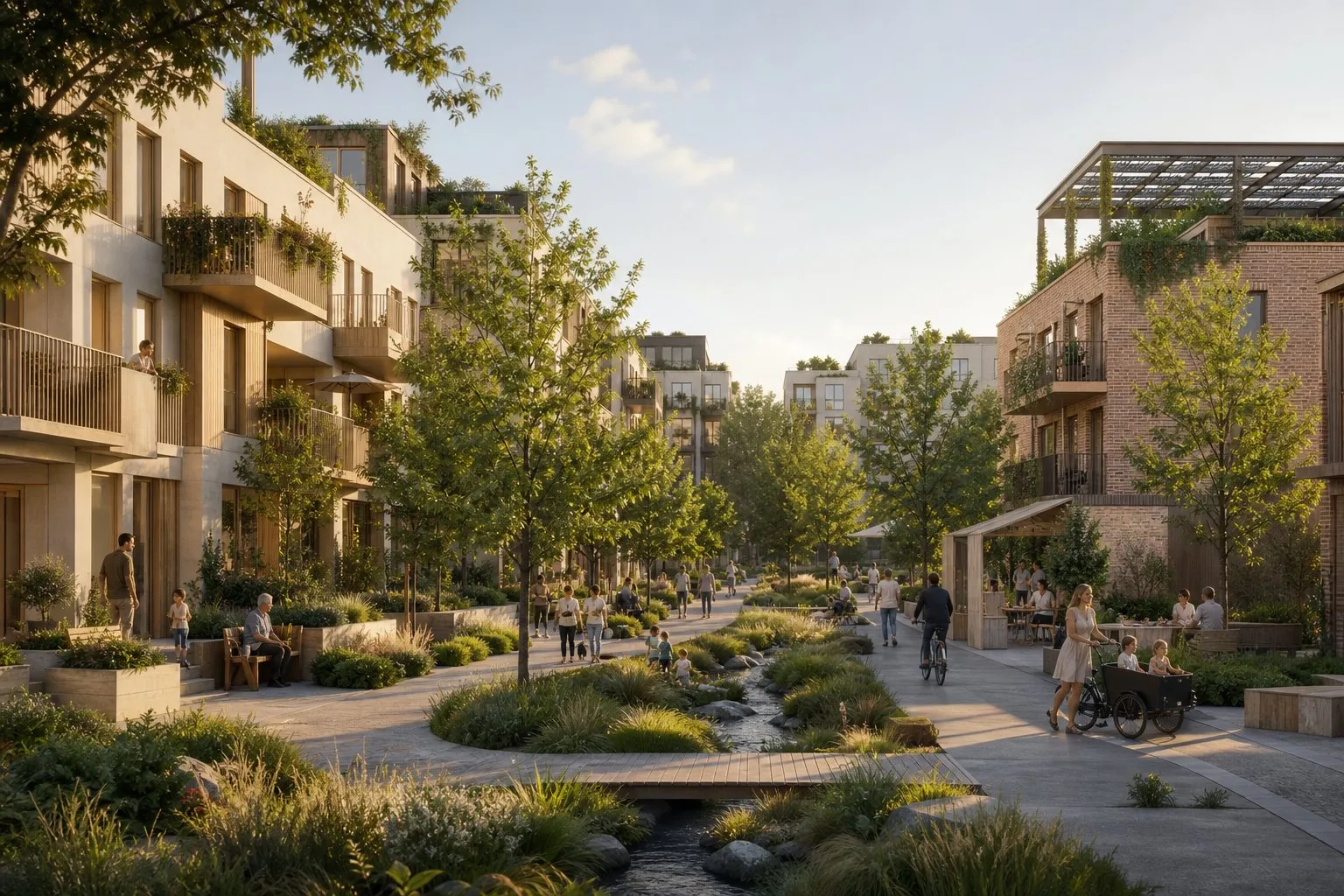 A walkable courtyard neighborhood with shaded paths, stormwater planting, balconies, green roofs, and residents moving through daily routines.