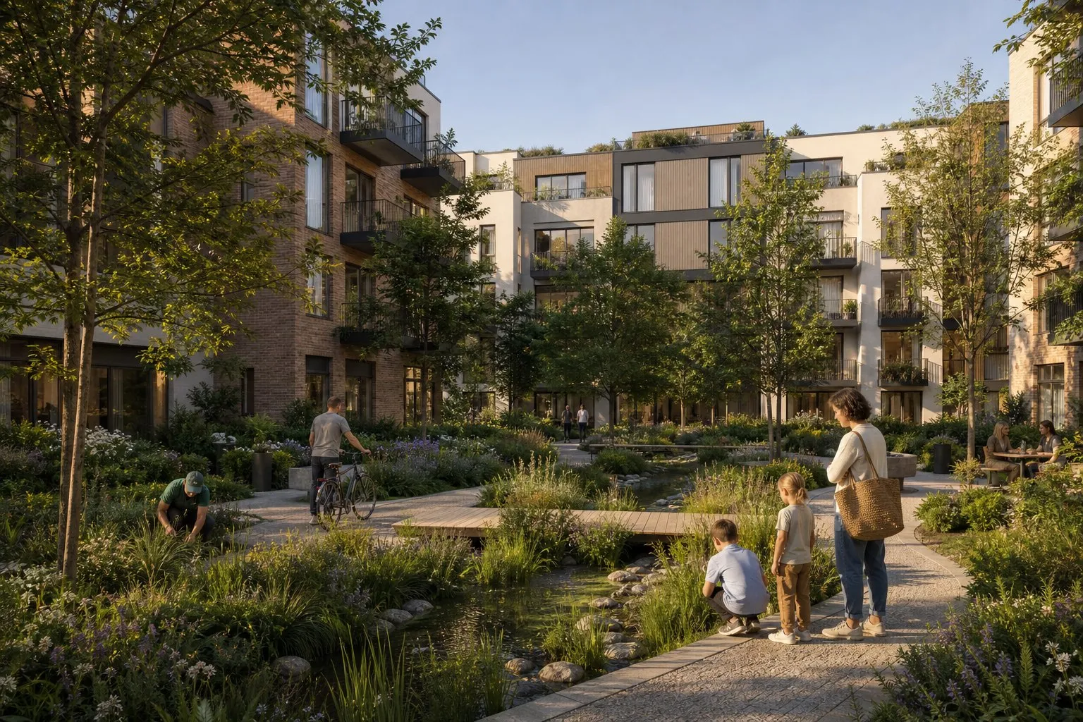 A planted courtyard rain garden with paths, trees, balconies, and residents observing the landscape.