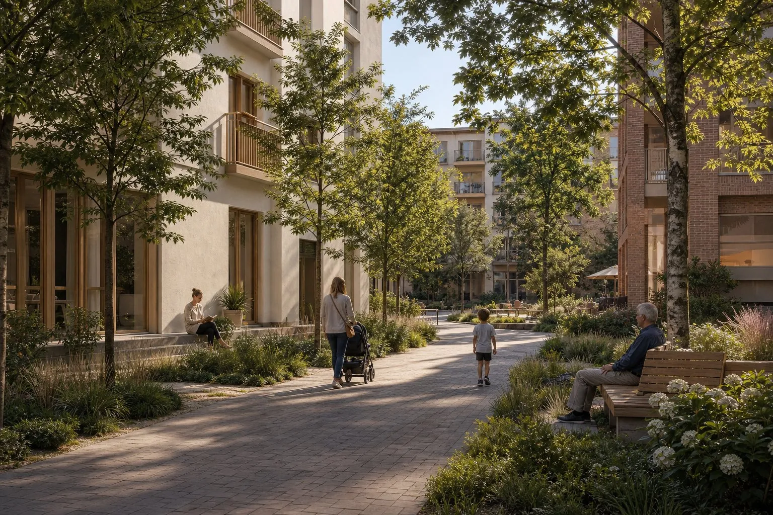 A shaded courtyard path with benches, planting, and residents of different ages walking and resting.