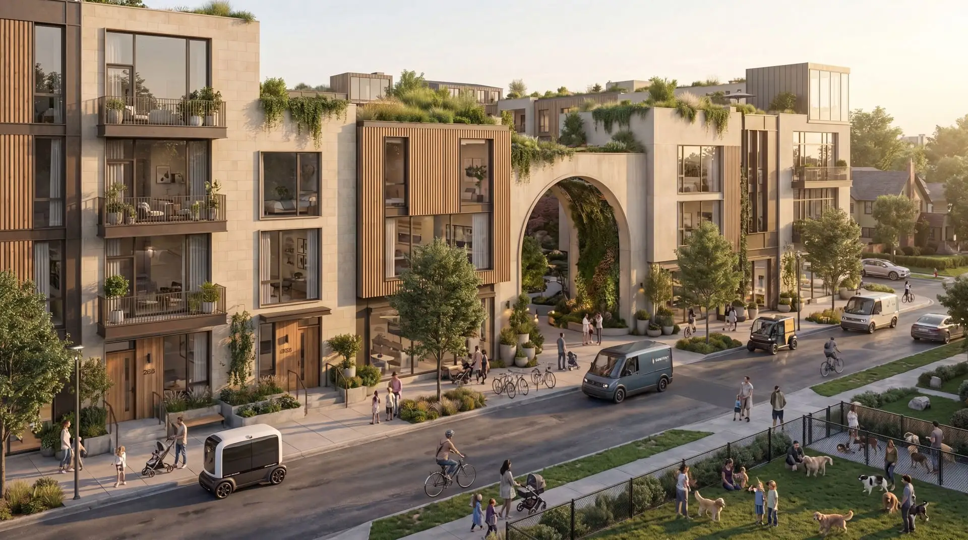 Street level with courtyard living behind walkable retail.