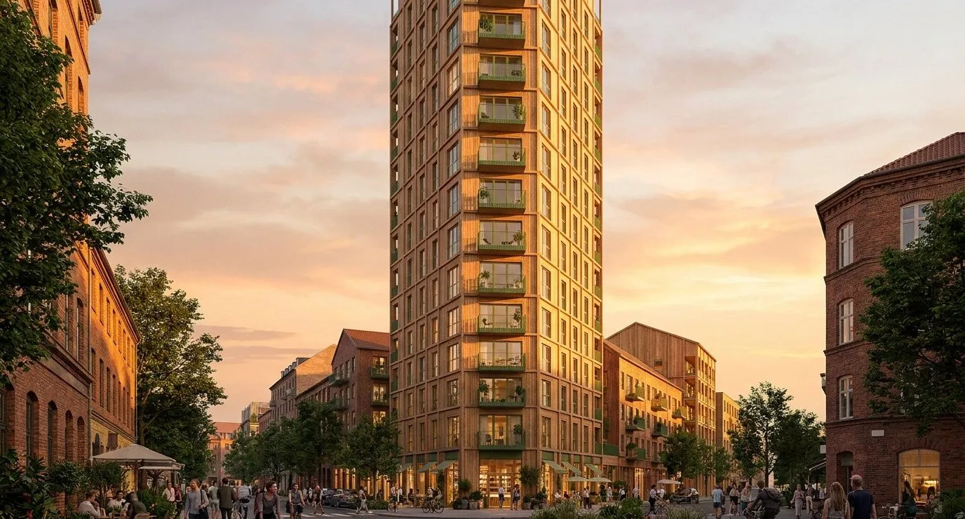 A slender residential tower at dusk.