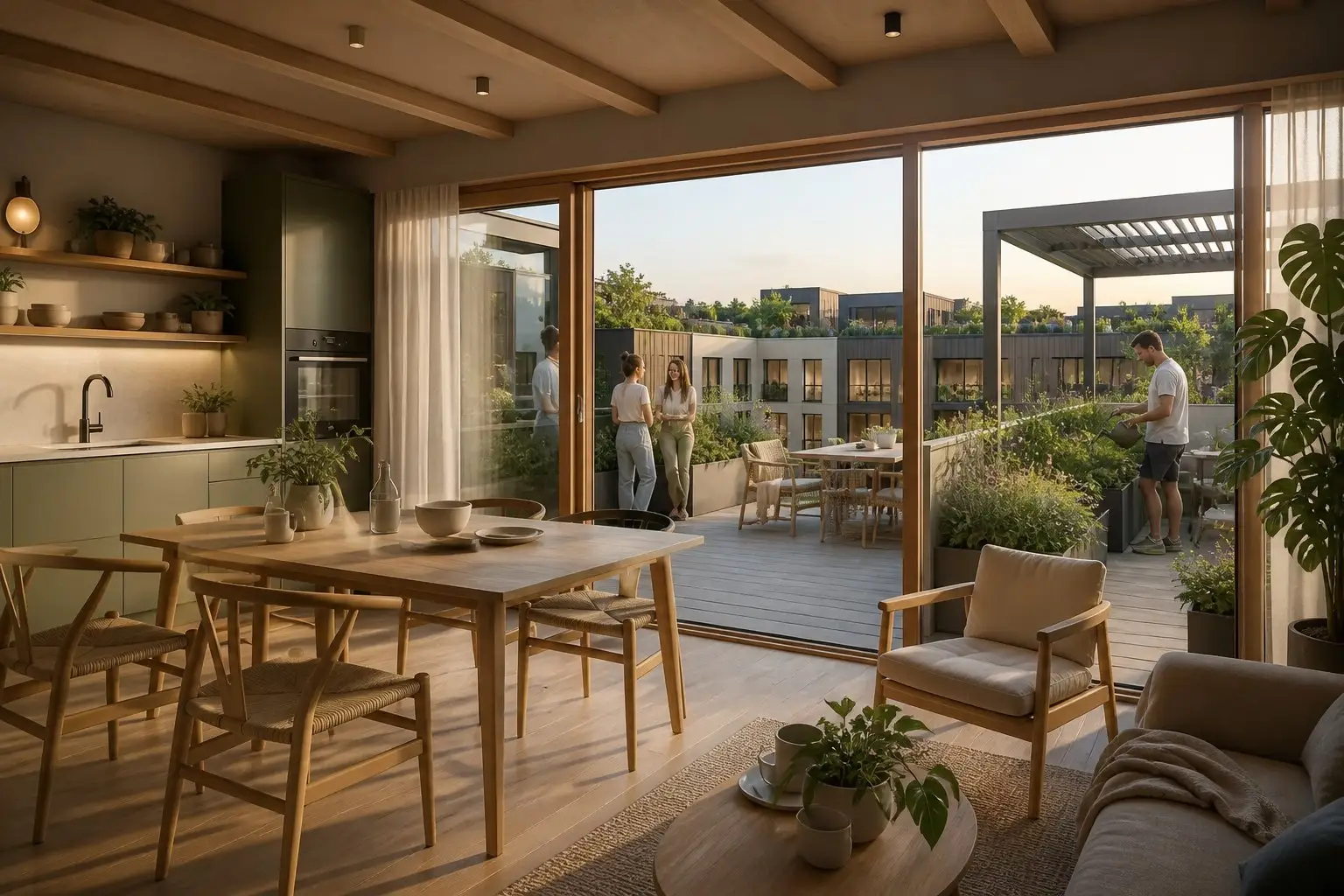 A shared rooftop room opening onto a planted terrace.